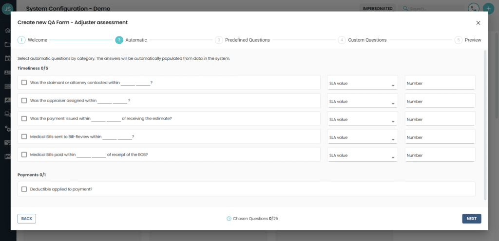 Performance QA screen in the Five Sigma claims platform
