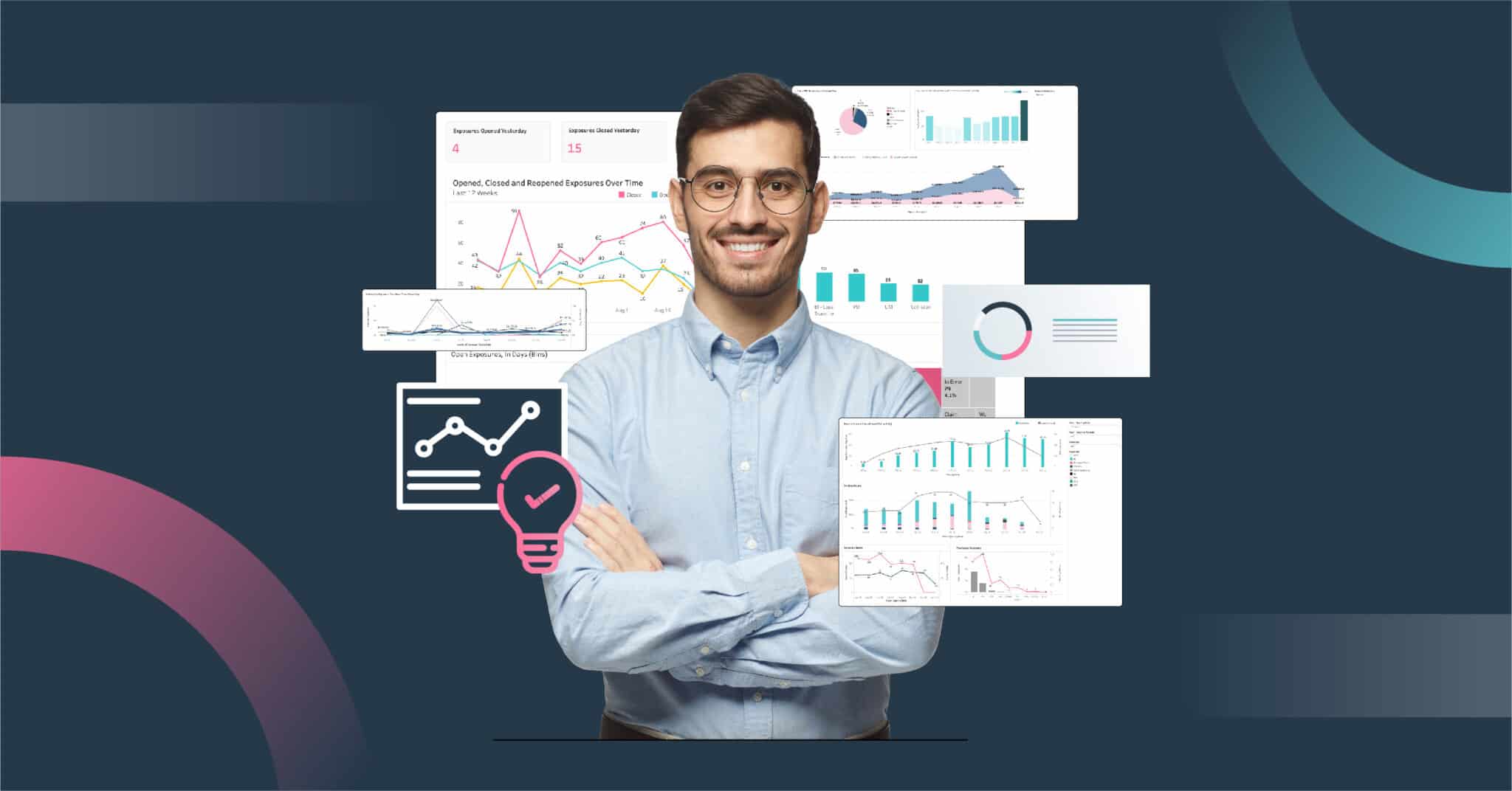 Business professional with analytics dashboards and report icons