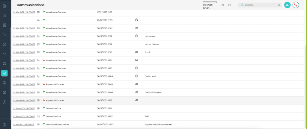 Communications module screenshot in Five Sigma claims platform