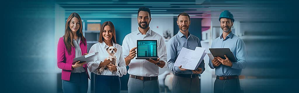 Five specialty insurance claims professionals in a modern office. One holds a small dog for pet insurance claims, one holds architectural blueprints for construction and engineering claims, one wears a hard hat, and the center figure holds a laptop displaying an AI-native claims data dashboard