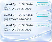 List of closed vehicle items with dates and actions dropdown buttons