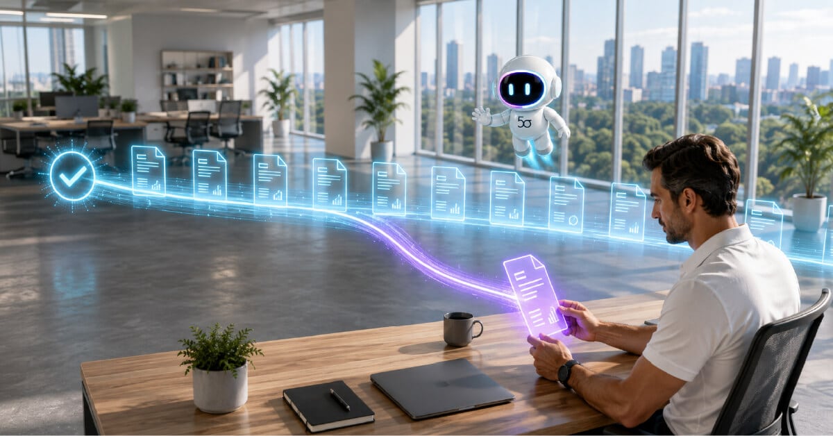 Claims adjuster reviewing an AI-routed claim document while automated claim files move through a digital workflow