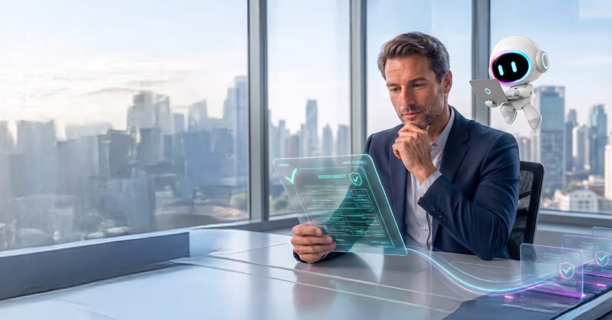 Claims adjuster reviewing a digital claim with an AI assistant, illustrating AI-native claims operations and adjuster-AI collaboration.