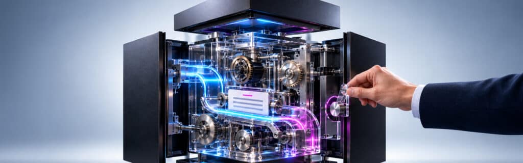 Open transparent machine with visible gears and glowing data pathways, representing AI governance, oversight, and traceability in insurance claims