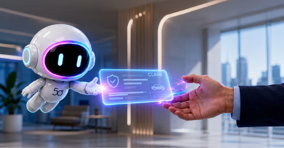 AI claims assistant hands a claim with supporting information to a human adjuster for a required decision.