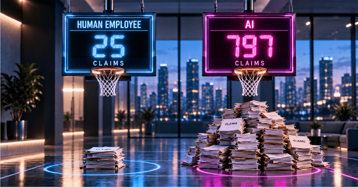 Claims files sit beneath scoreboards showing 25 human-handled claims and 197 AI-handled claims, illustrating how agentic AI can help MGAs increase claims capacity.