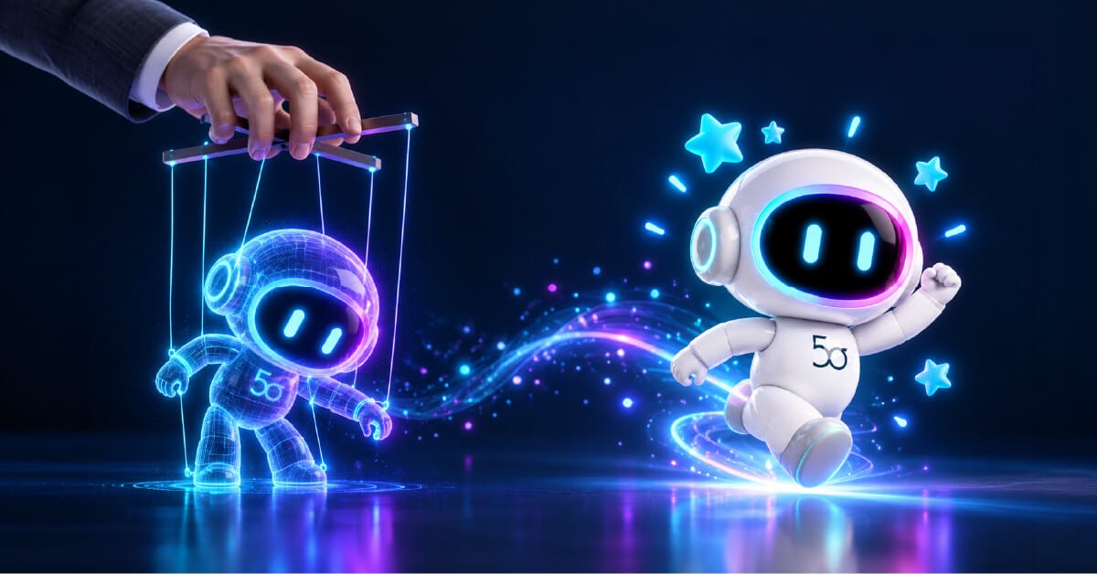 A hand controls a holographic robot with puppet strings beside a Five Sigma robot stepping forward, illustrating AI advancing beyond individual automated tasks.
