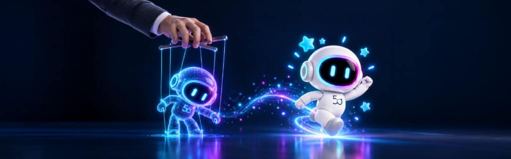 Five Sigma robots illustrate the shift from task automation to claims orchestration: one hangs from puppet strings, while another steps forward without strings.