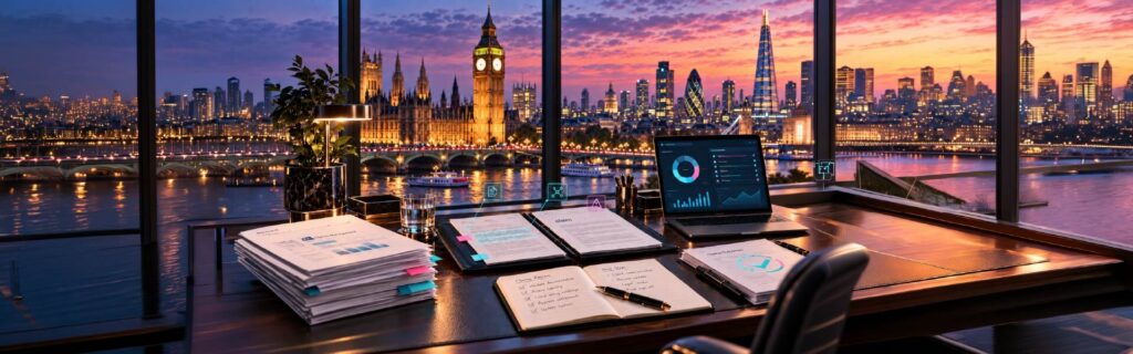 Claims documents and a digital claims dashboard overlooking the London skyline, illustrating how London Market carriers can modernize claims after Blueprint Two.