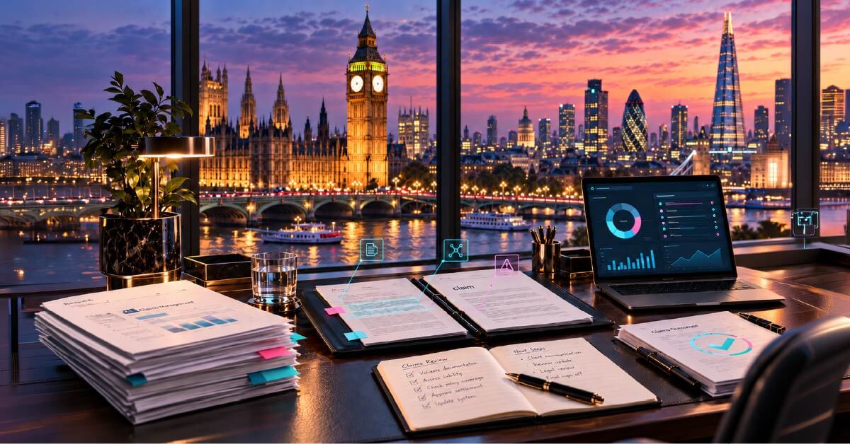 London skyline viewed from a claims office with claim files, documents and a digital dashboard, representing the future of London Market claims after Blueprint Two.